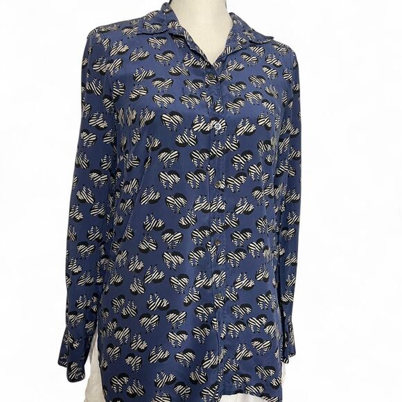 J. Crew 100% Silk Button Up Blouse Navy Blue Zebra Graphic Size 6 - Picture 1 of 7